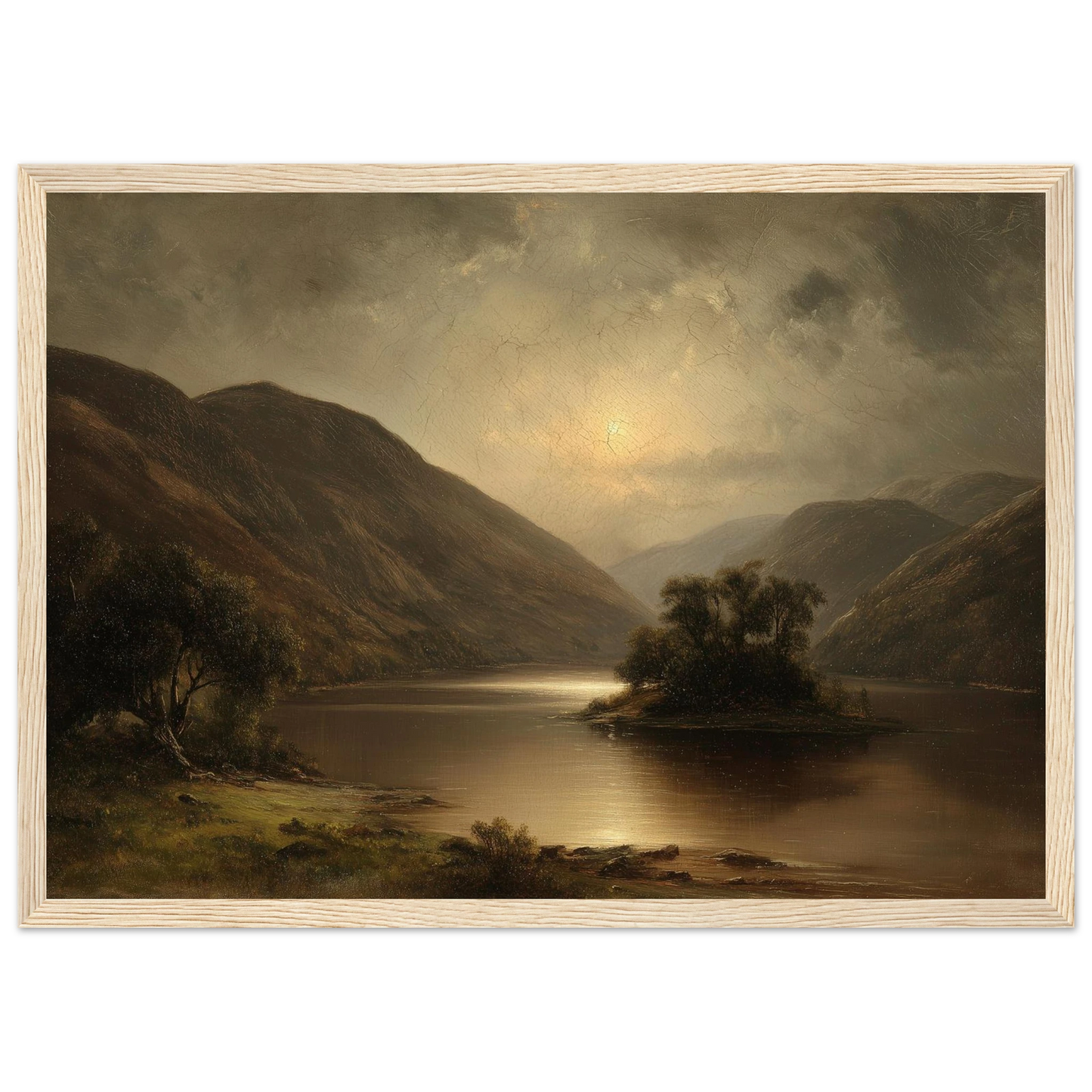 Highland loch at moonrise, oil painting style print in a light oak frame