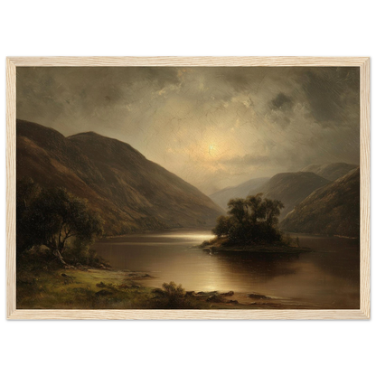 Highland loch at moonrise, oil painting style print in a light oak frame
