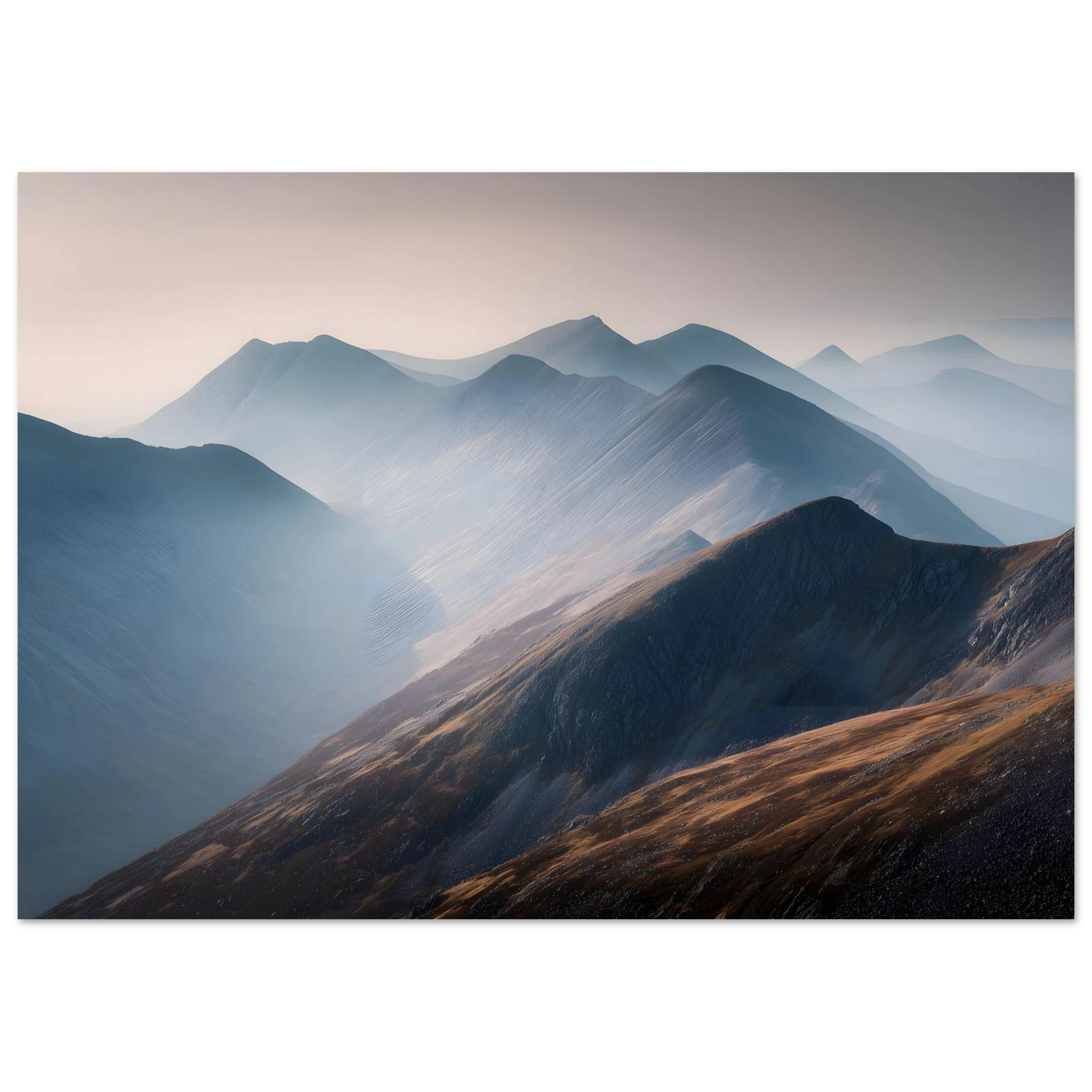 Highland ridges in morning mist, framed wall art with copper bracken slopes