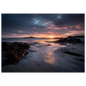 Coastal sunset seascape print with a gold reflection on wet sand, in a dark grey frame