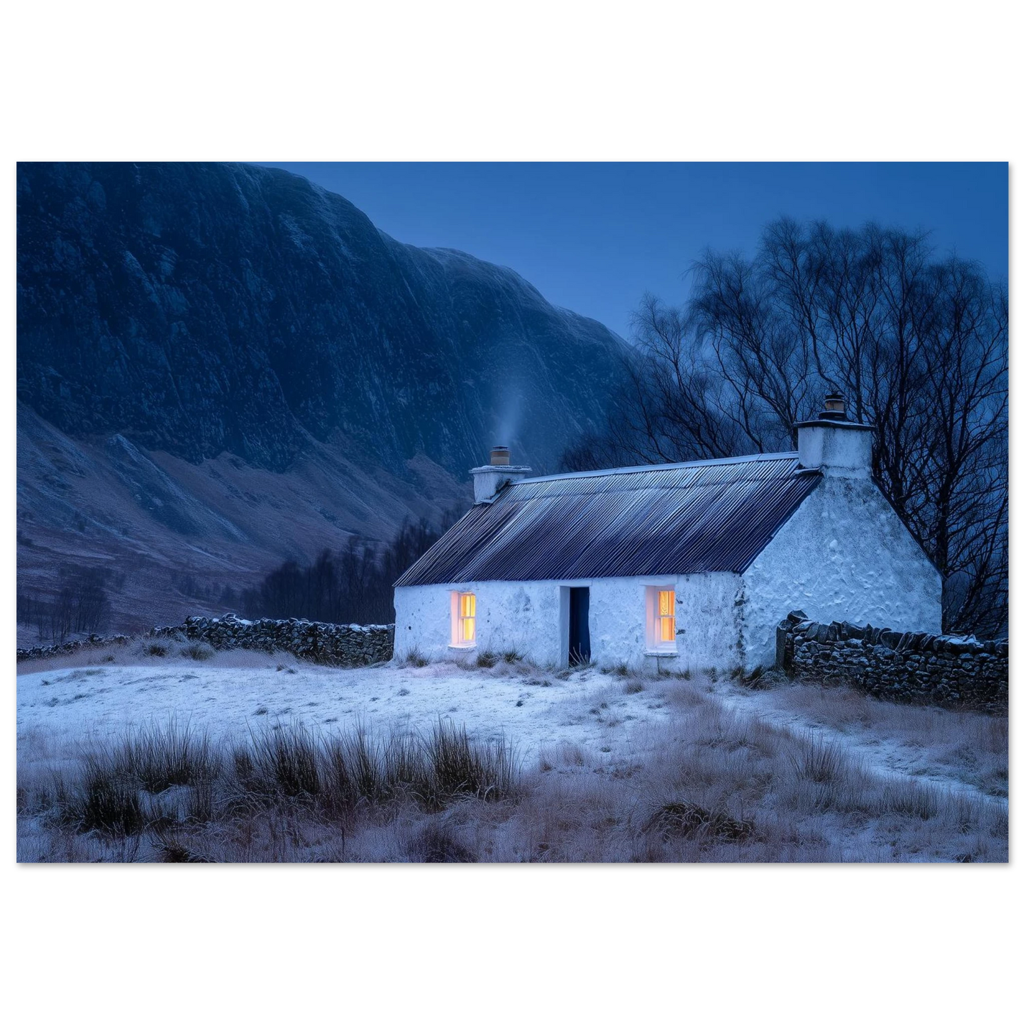 Cottage windows glowing in a snowy glen, print in a pale wood frame
