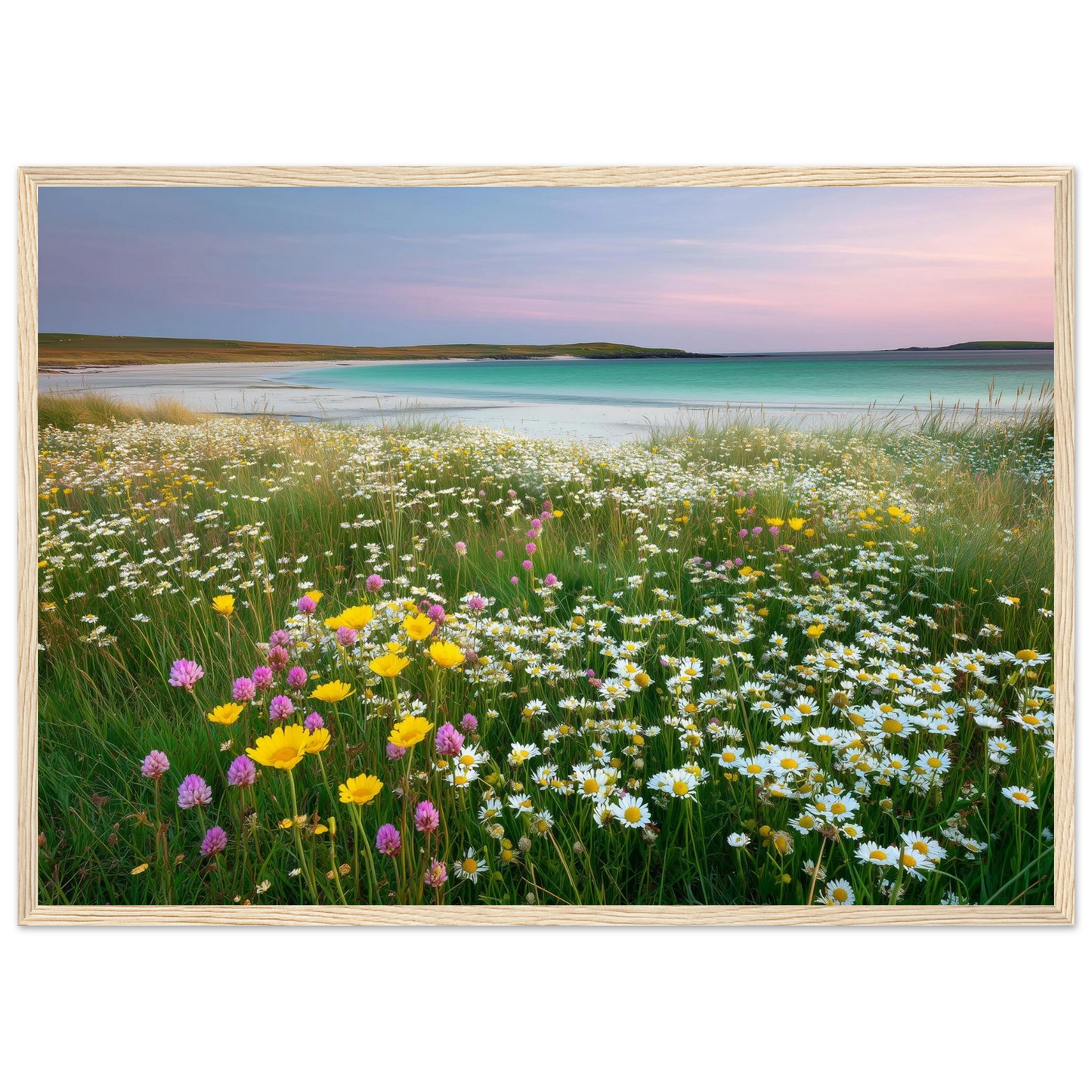 Scottish coastal meadow in flower, framed in pale natural wood