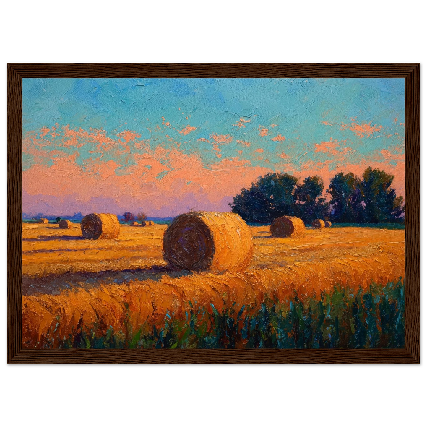 Hay bales at golden hour, framed in wide dark brown wood