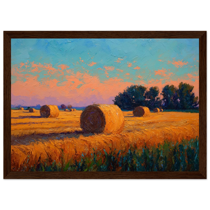 Hay bales at golden hour, framed in wide dark brown wood