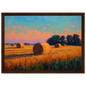 Hay bales at golden hour, framed in wide dark brown wood