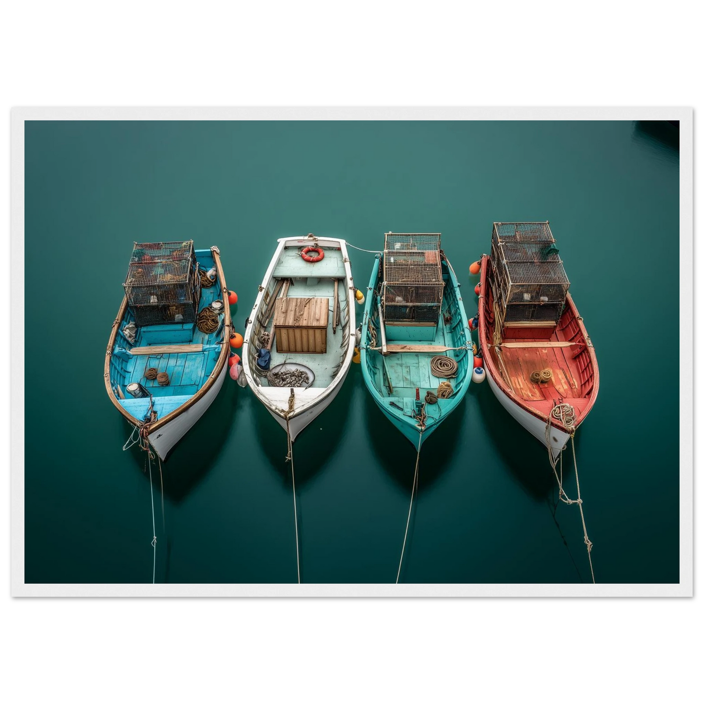 Aerial harbour view with four working boats, framed in white
