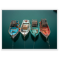 Aerial harbour view with four working boats, framed in white