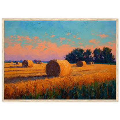 Impressionist harvest landscape, framed in pale natural wood