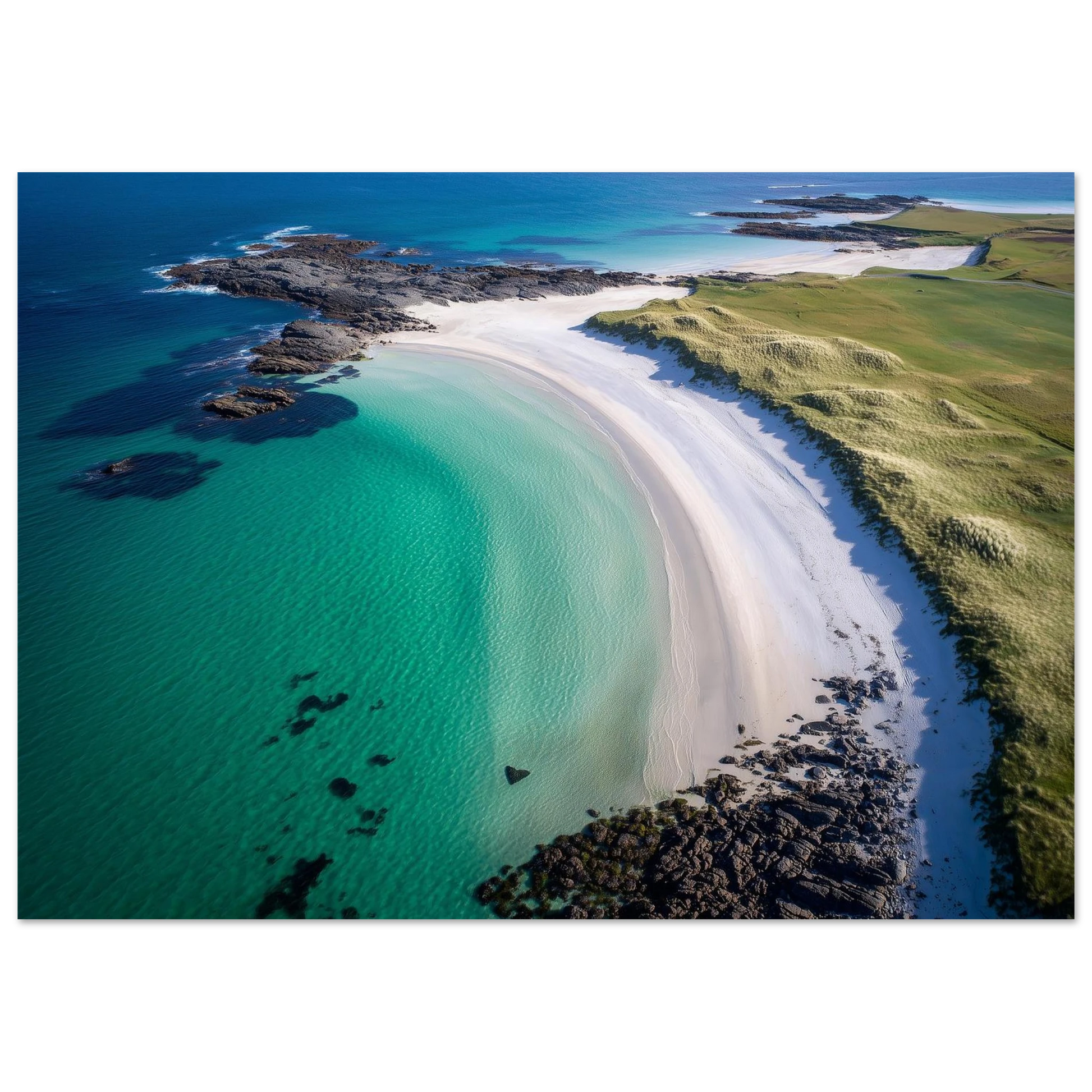 Hebridean coast from the air in turquoise and white, print in a dark frame