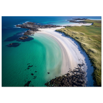 Hebridean coast from the air in turquoise and white, print in a dark frame