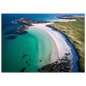Hebridean coast from the air in turquoise and white, print in a dark frame