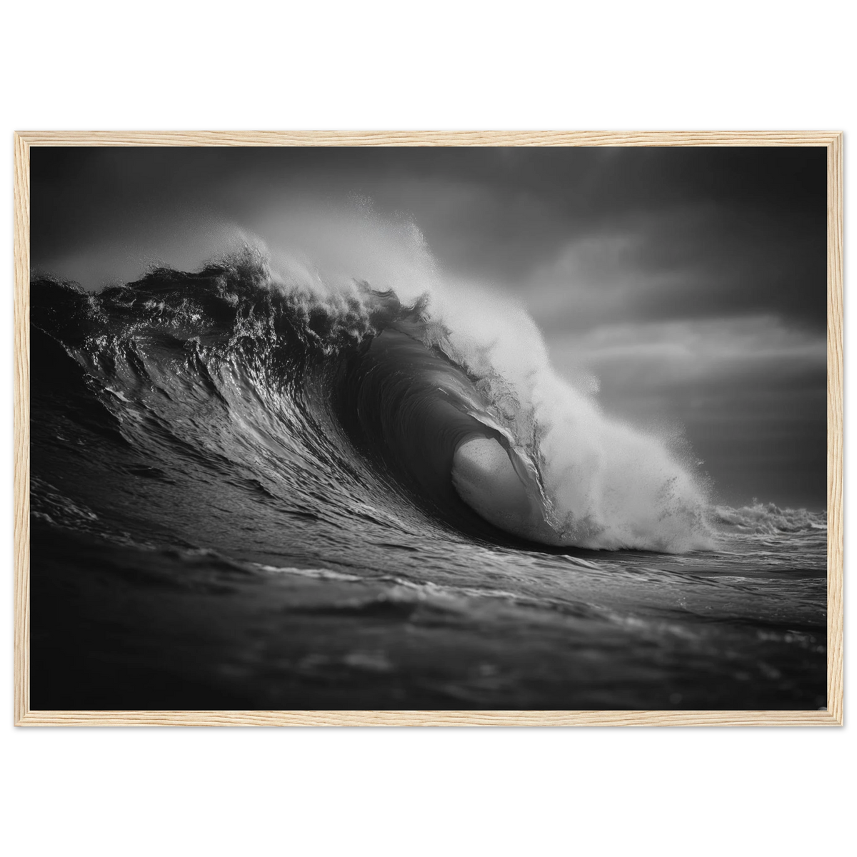 Wave curling into a barrel in black and white, framed in pale oak