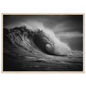 Wave curling into a barrel in black and white, framed in pale oak