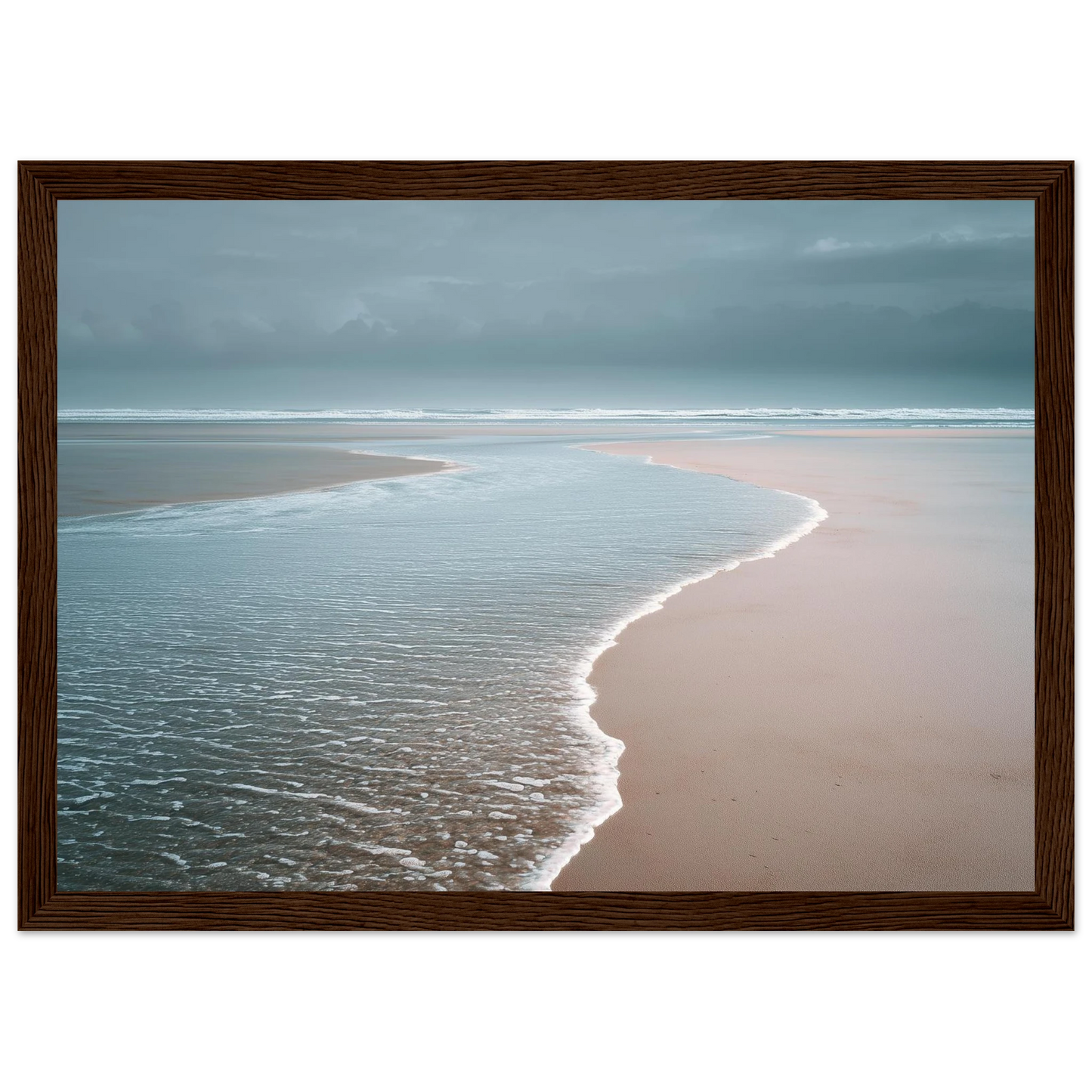 Empty beach and thin surf line, framed in dark brown wood with a wide mount