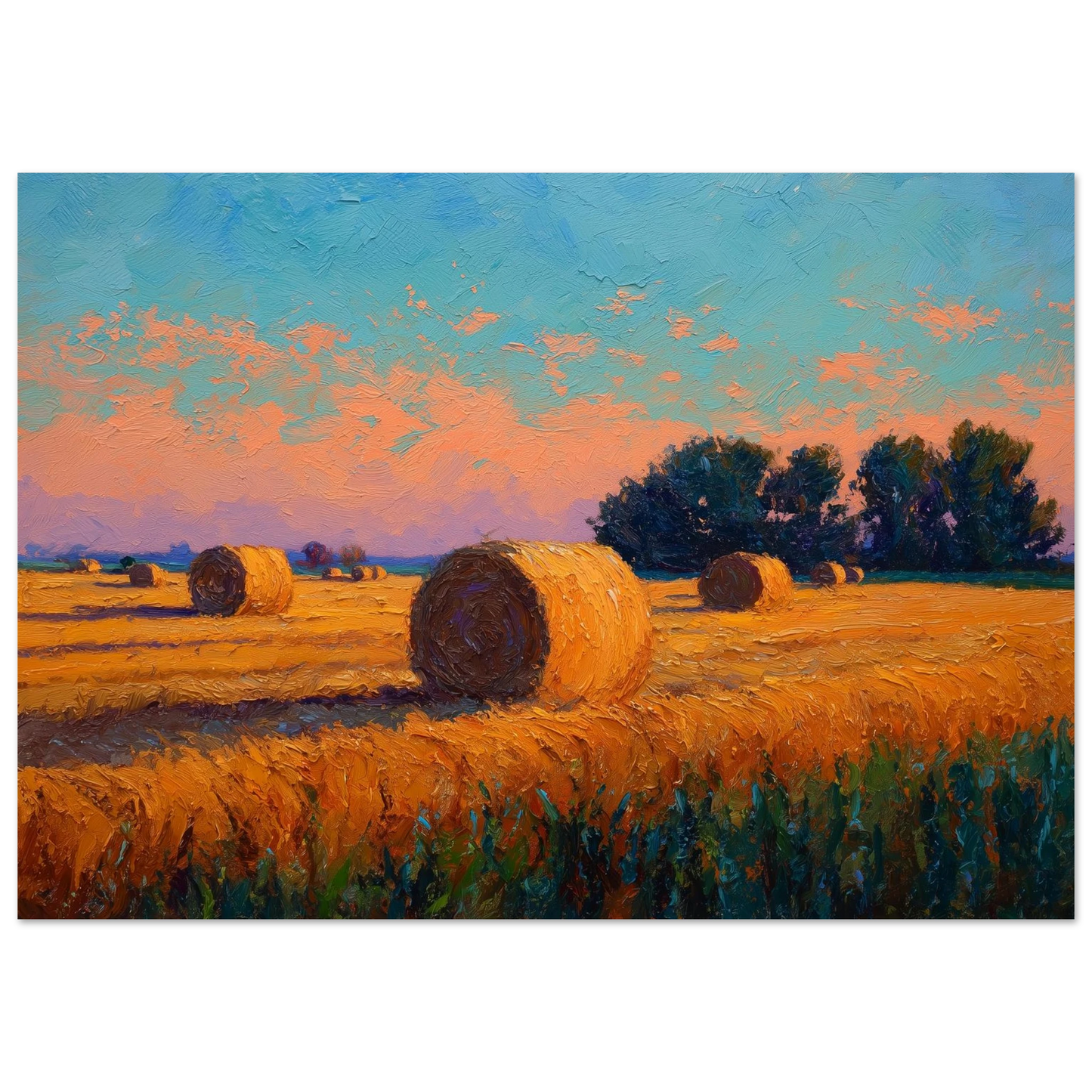 Impressionist oil painting of round hay bales in a cut golden field under a peach and turquoise sunset, print in a slim dark frame