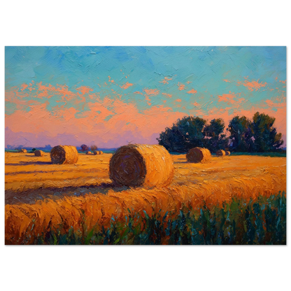 Impressionist oil painting of round hay bales in a cut golden field under a peach and turquoise sunset, print in a slim dark frame