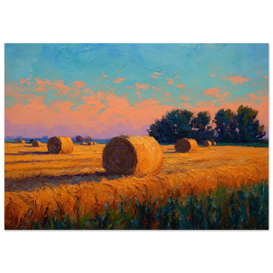 Impressionist oil painting of round hay bales in a cut golden field under a peach and turquoise sunset, print in a slim dark frame
