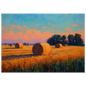 Impressionist oil painting of round hay bales in a cut golden field under a peach and turquoise sunset, print in a slim dark frame