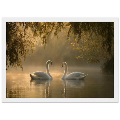Two mute swans facing each other on a misty lake in golden morning light, print in a white frame