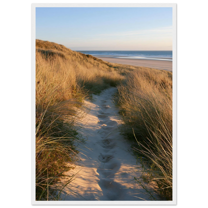 Sand track through amber marram grass to an empty beach at golden hour, print in a white frame