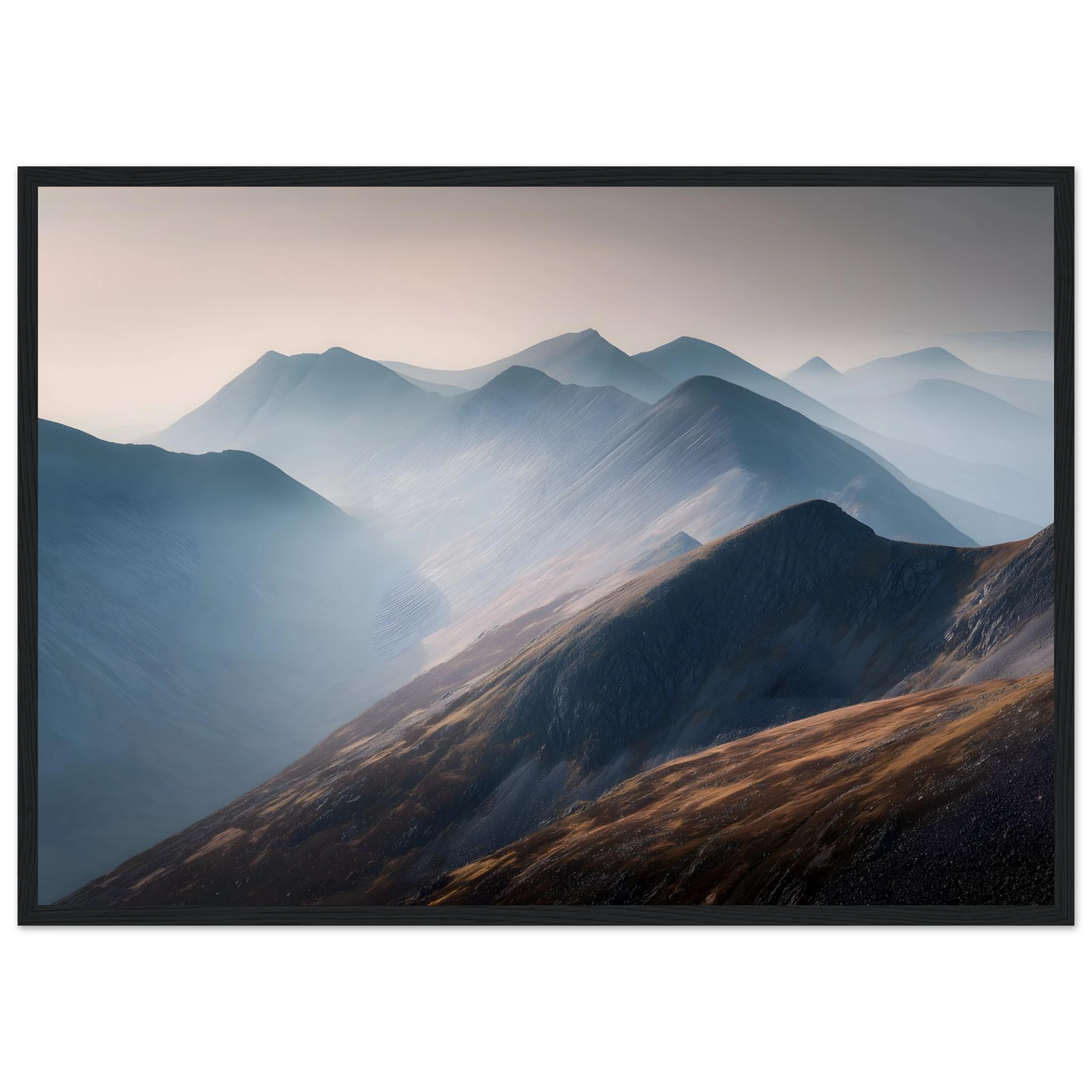 Scottish mountain ridges receding into mist, framed in charcoal