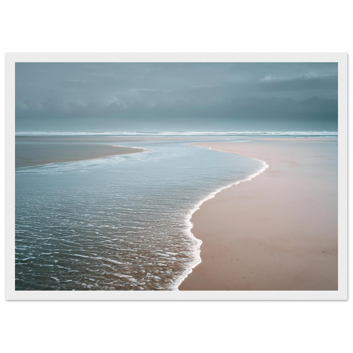 Calm tide line under a soft grey sky, framed in white with a wide mount