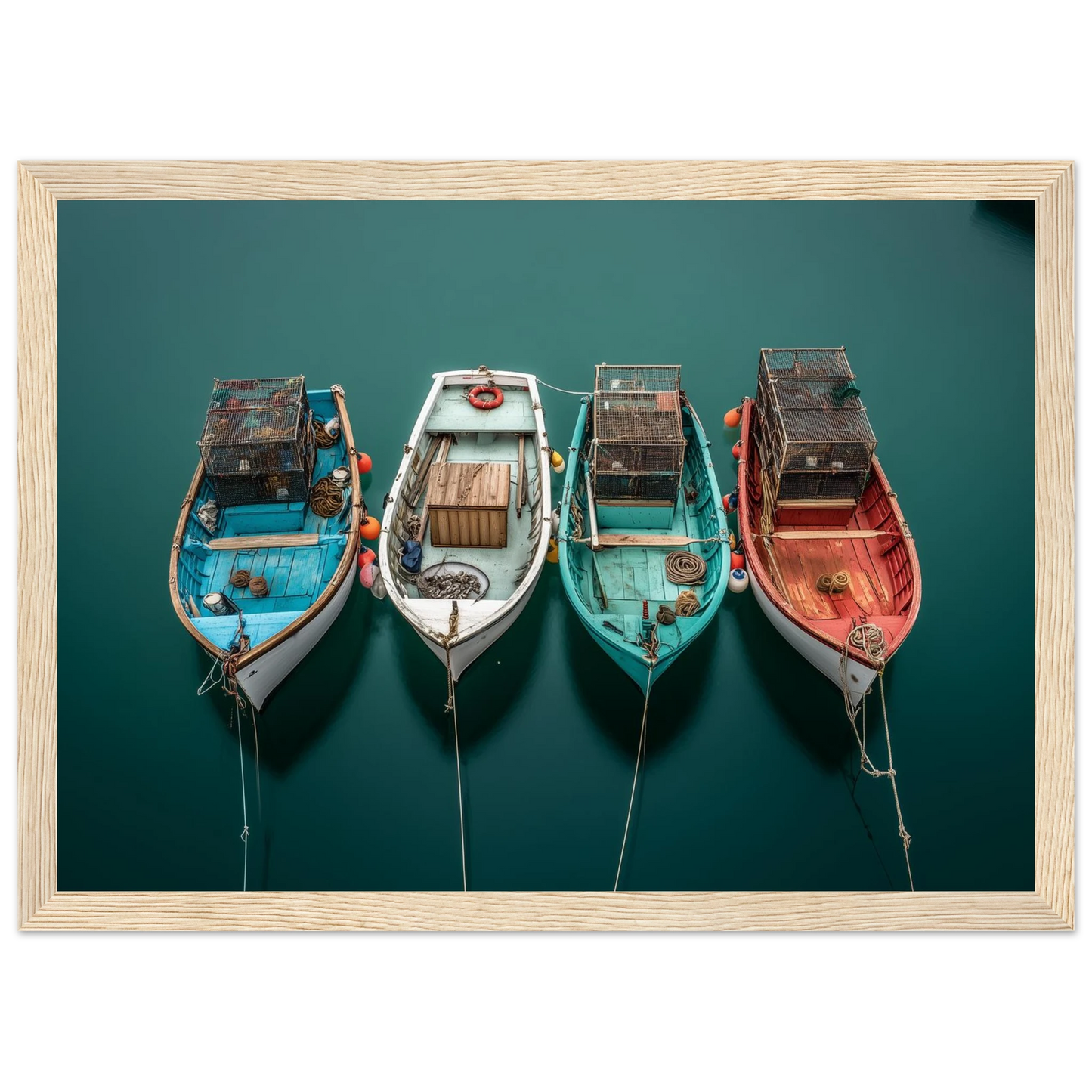 Painted boat hulls on still dark water from above, framed in light natural wood