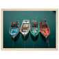 Painted boat hulls on still dark water from above, framed in light natural wood