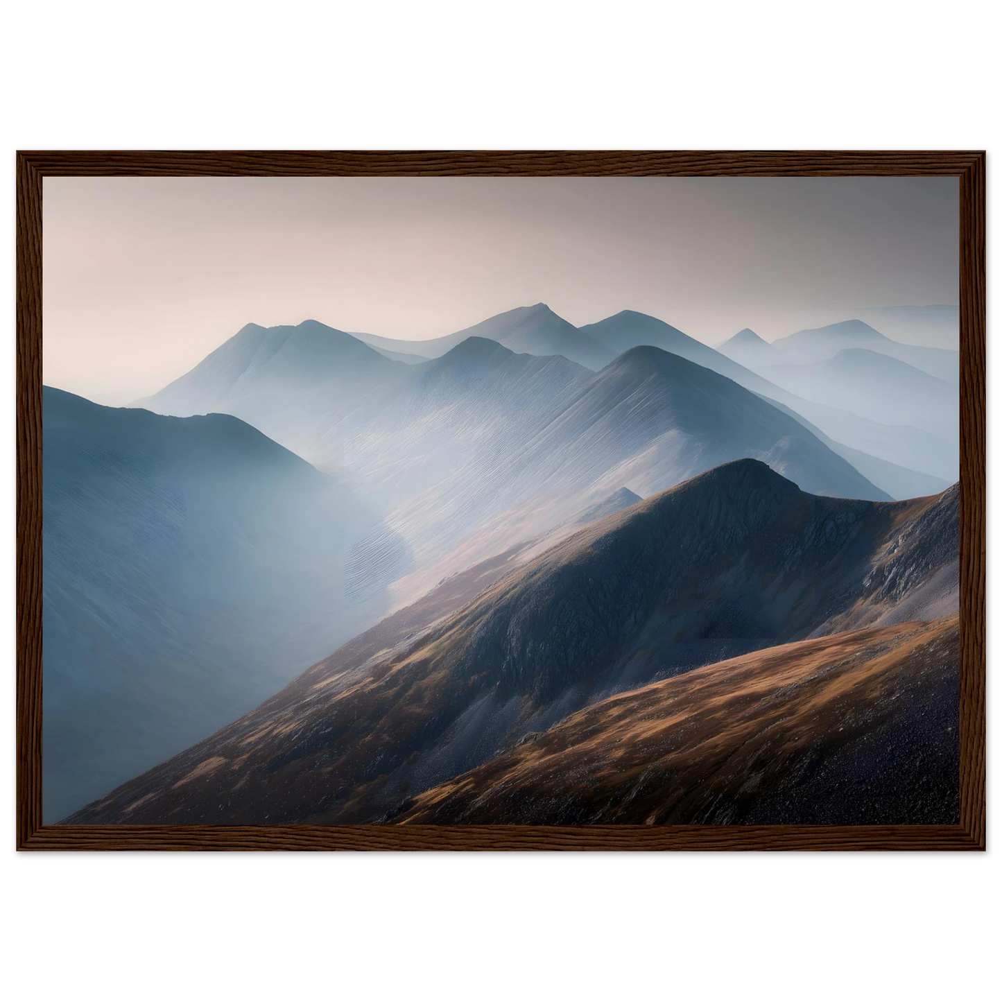 Layered Scottish mountains in mist, poster in a warm brown wood frame