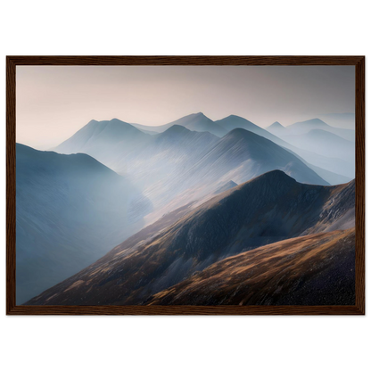 Layered Scottish mountains in mist, poster in a warm brown wood frame