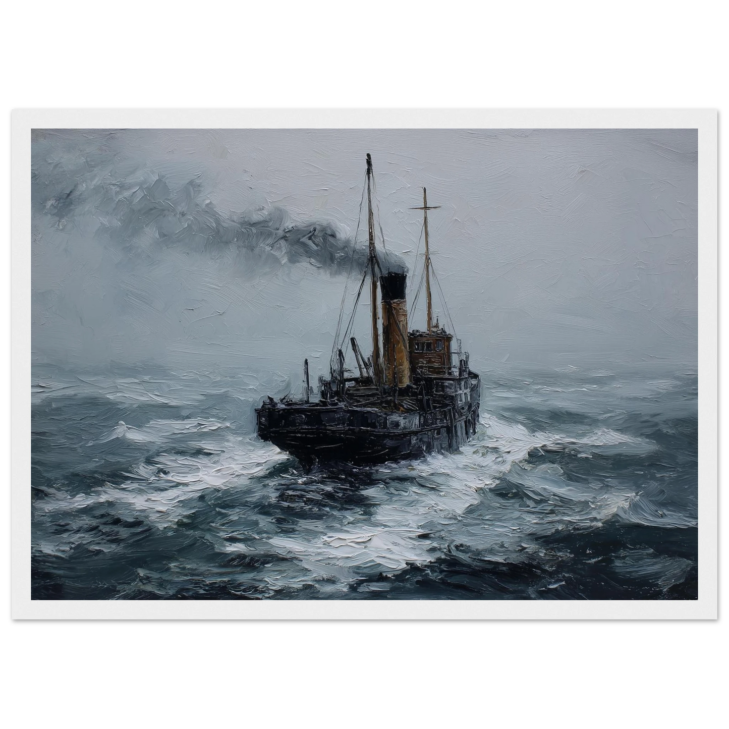 Stormy maritime oil painting of a steam puffer, print in a white frame