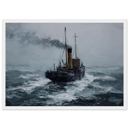 Stormy maritime oil painting of a steam puffer, print in a white frame
