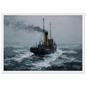 Stormy maritime oil painting of a steam puffer, print in a white frame
