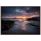 Violet and gold shoreline sunset, framed in dark brown wood