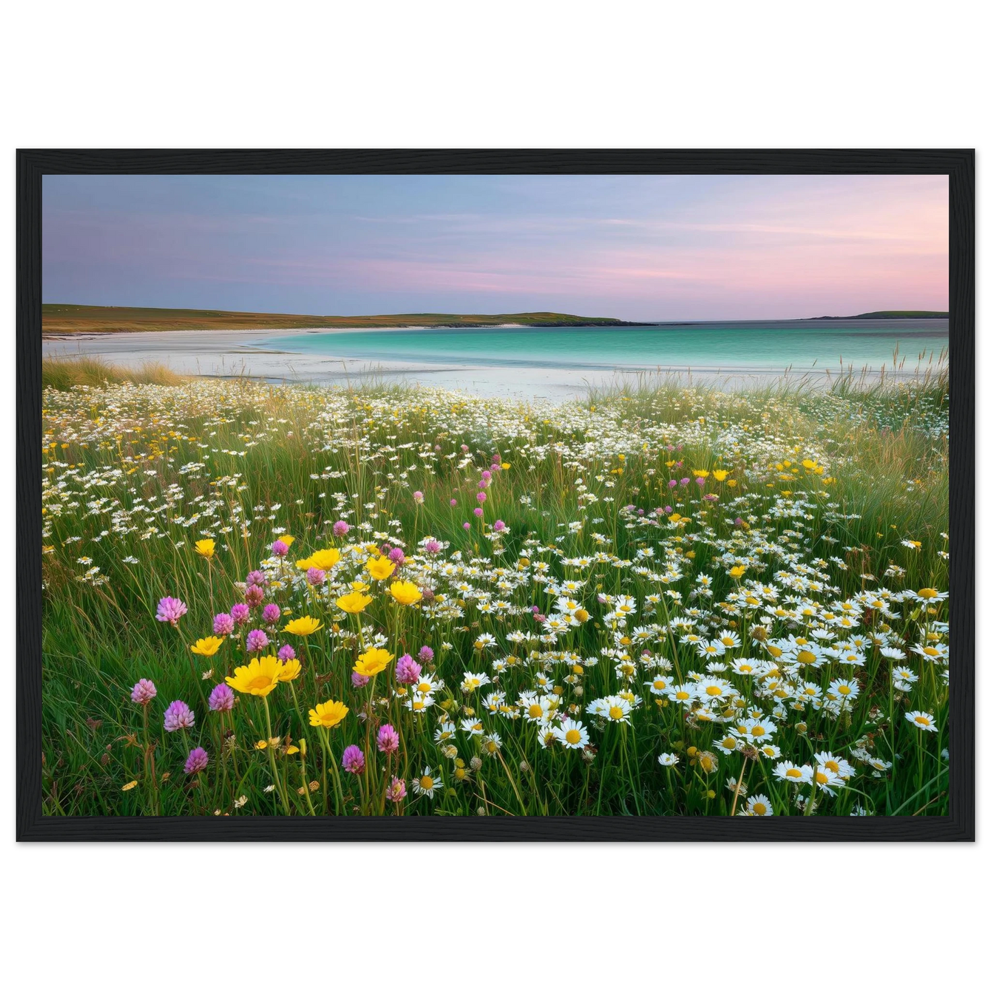 Pastel Scottish meadow and pink evening sky, in a black frame