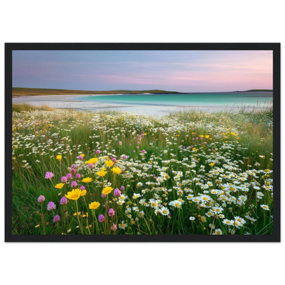 Pastel Scottish meadow and pink evening sky, in a black frame