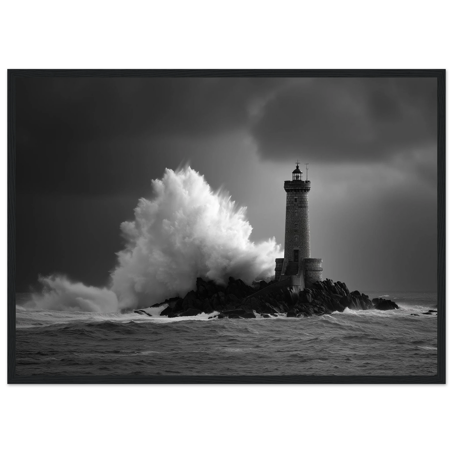 Black and white lighthouse in a heavy swell, print in a dark frame