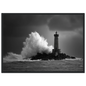 Black and white lighthouse in a heavy swell, print in a dark frame