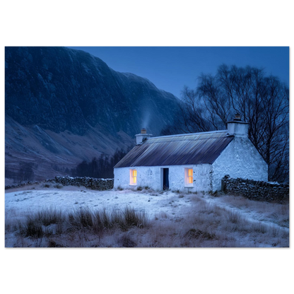 White croft under snow with drystone dyke, framed in dark grey