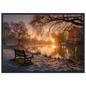 Frosted park lake at winter sunrise with an empty bench on the bank, print in a black frame