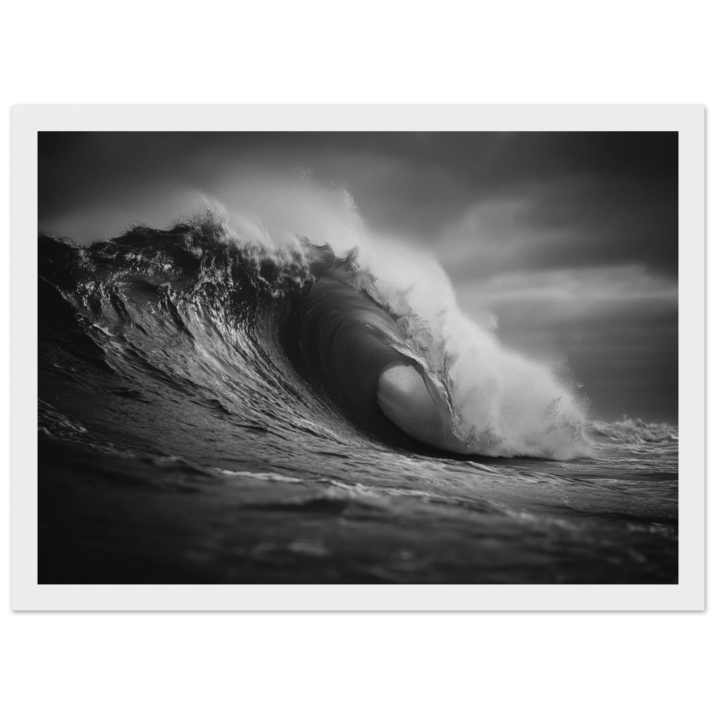 Black and white breaking wave, framed in white with a wide mount