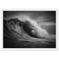 Black and white breaking wave, framed in white with a wide mount