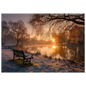 Frosted park lake at winter sunrise with an empty bench on the bank, unframed print