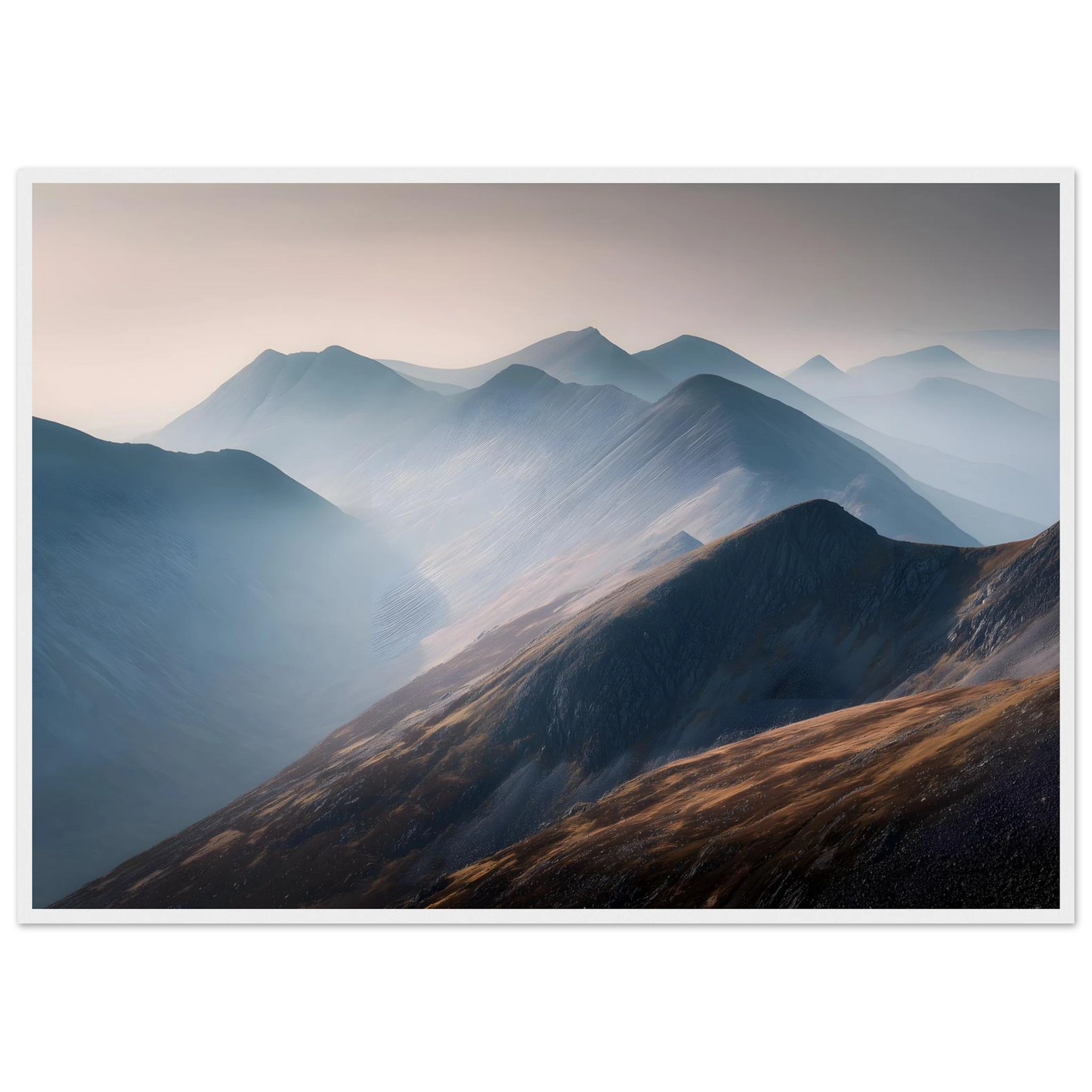 Highland ridges in morning mist print in a white frame