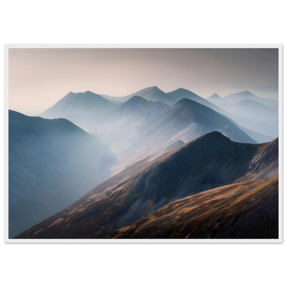 Highland ridges in morning mist print in a white frame