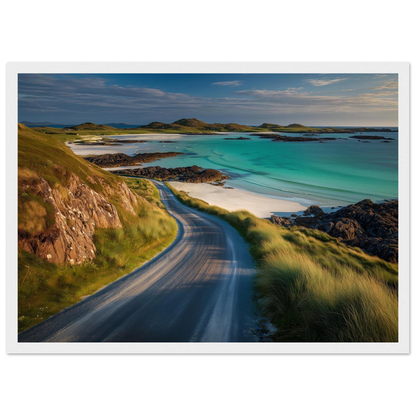 Empty coast road above a turquoise bay, print in a slim white frame