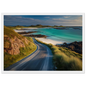 Empty coast road above a turquoise bay, print in a slim white frame