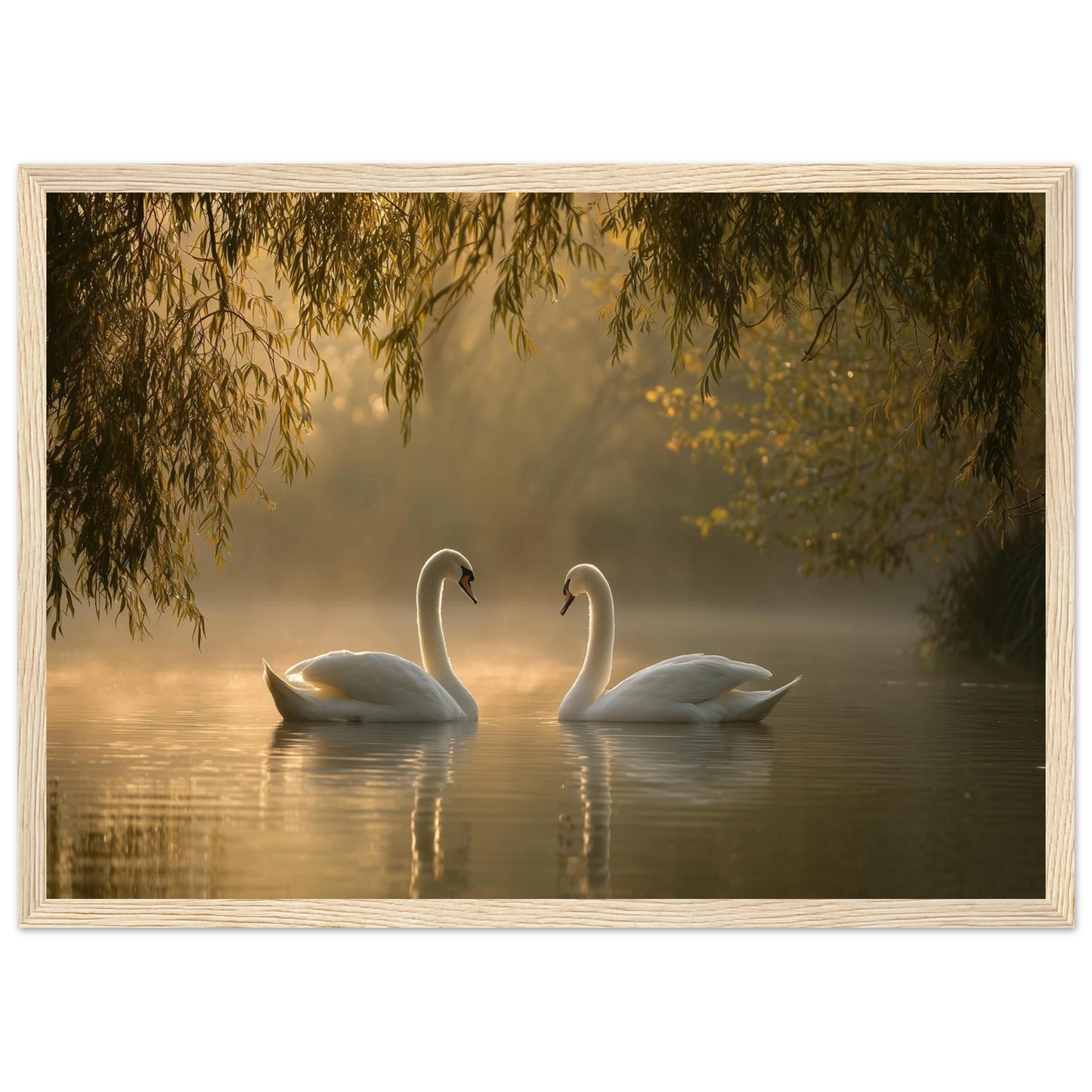 Two mute swans facing each other on a misty lake in golden morning light, print in a natural light wood frame