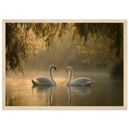 Two mute swans facing each other on a misty lake in golden morning light, print in a natural light wood frame