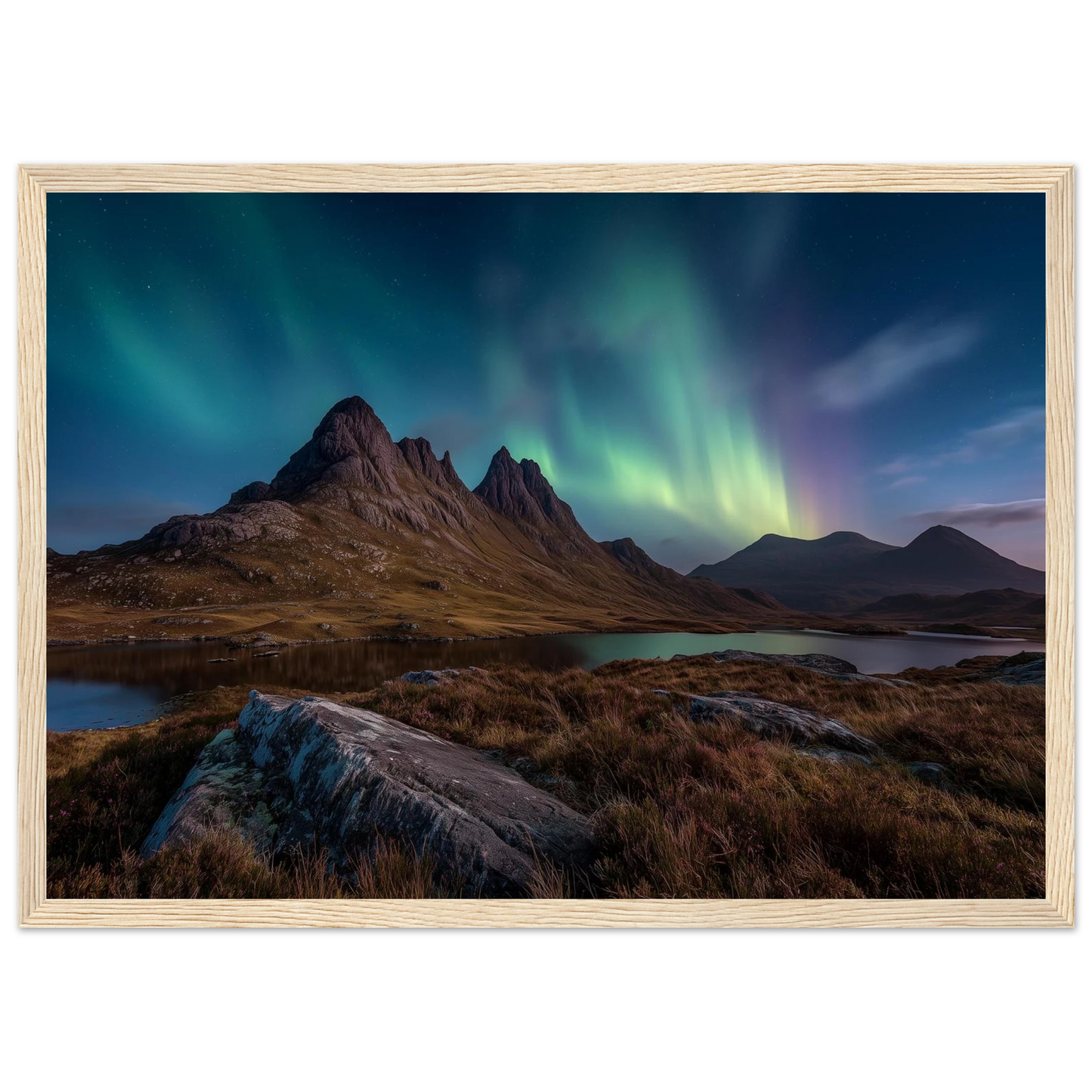 Green and violet northern lights over a Highland glen, framed in pale natural wood